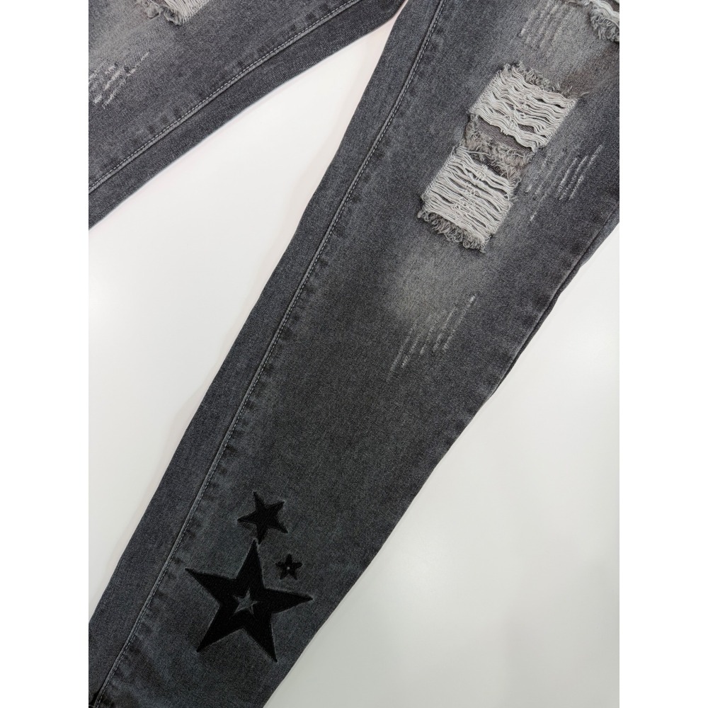 Unbranded Distressed Grey Star Patch Denim Jeans Size 30 Streetwear Y2K Grunge - Picture 9 of 10